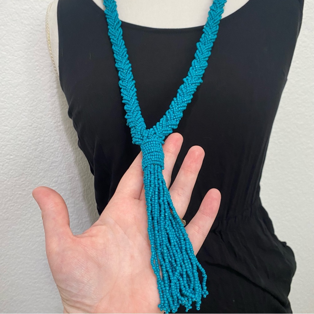 80s Teal Seed Beaded Braided Tassel Necklace - Picture 5 of 5